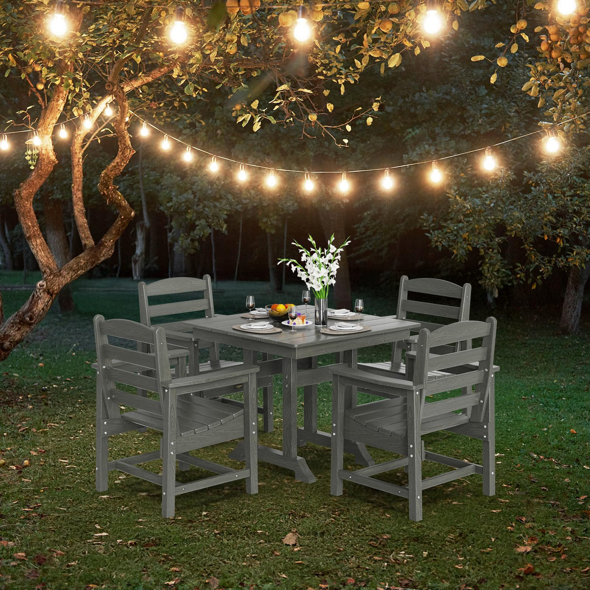 VINGLI 5-Piece Outdoor Patio Dining Set, Outdoor Table and Chairs Set w/Umbrella Hole, HDPE Weather-Resistant Square Table w/ 4 Ergonomic Patio Chairs for Garden, Backyard, Poolside(Grey, Square) VINGLI