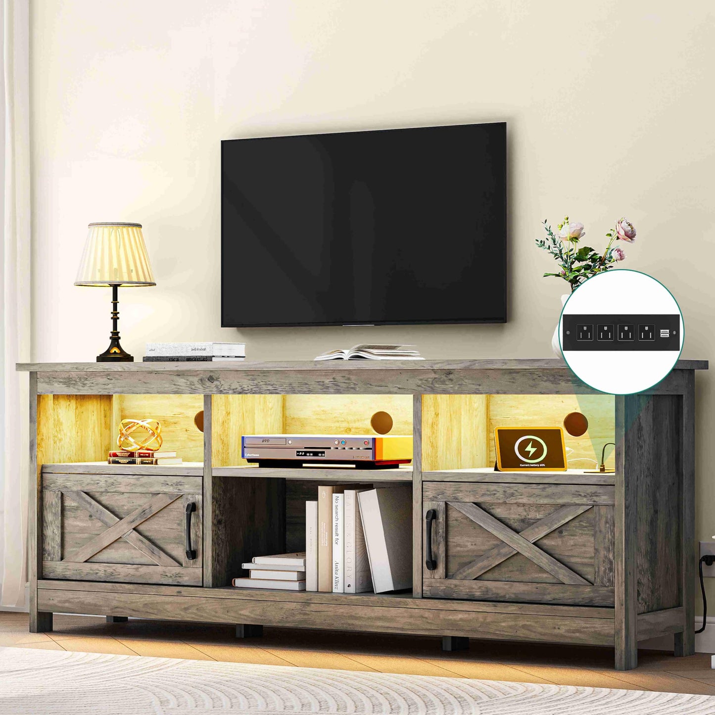 YITAHOME Farmhouse TV Stand with Power Outlet, Entertainment Center, LED Light Media Console, Simple TV Cabinet for Living Room or Bedroom, Rustic Grey 59 Inch