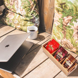HTB Small Tea Bag Box Wooden, 3 Compartments Acacia Wood Tea Bag Chest with Handle, Mini Countertop Divided Storage Container for Beverage Supplies, Sugar, Sweeteners, Individual Packets HTB