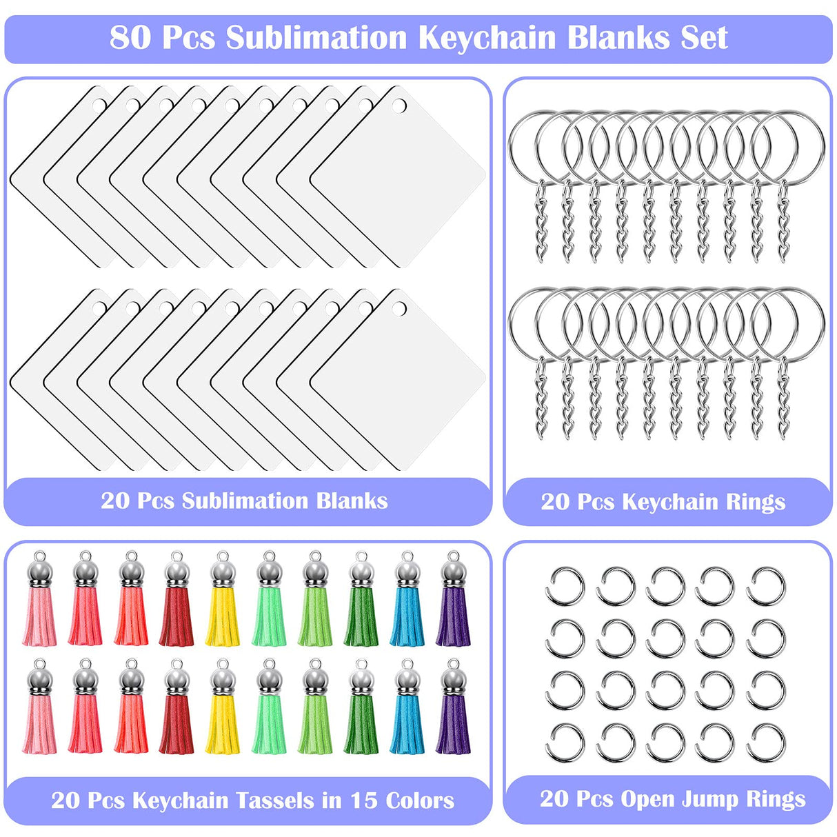 Modacraft Sublimation Keychain Blanks, 80Pcs Sublimation Keychain Making Kit with Square Heat Transfer Blanks, Tassels, Keychain Rings, Jump Rings for Keychain Project Thanksgiving Christmas Gift Modacraft