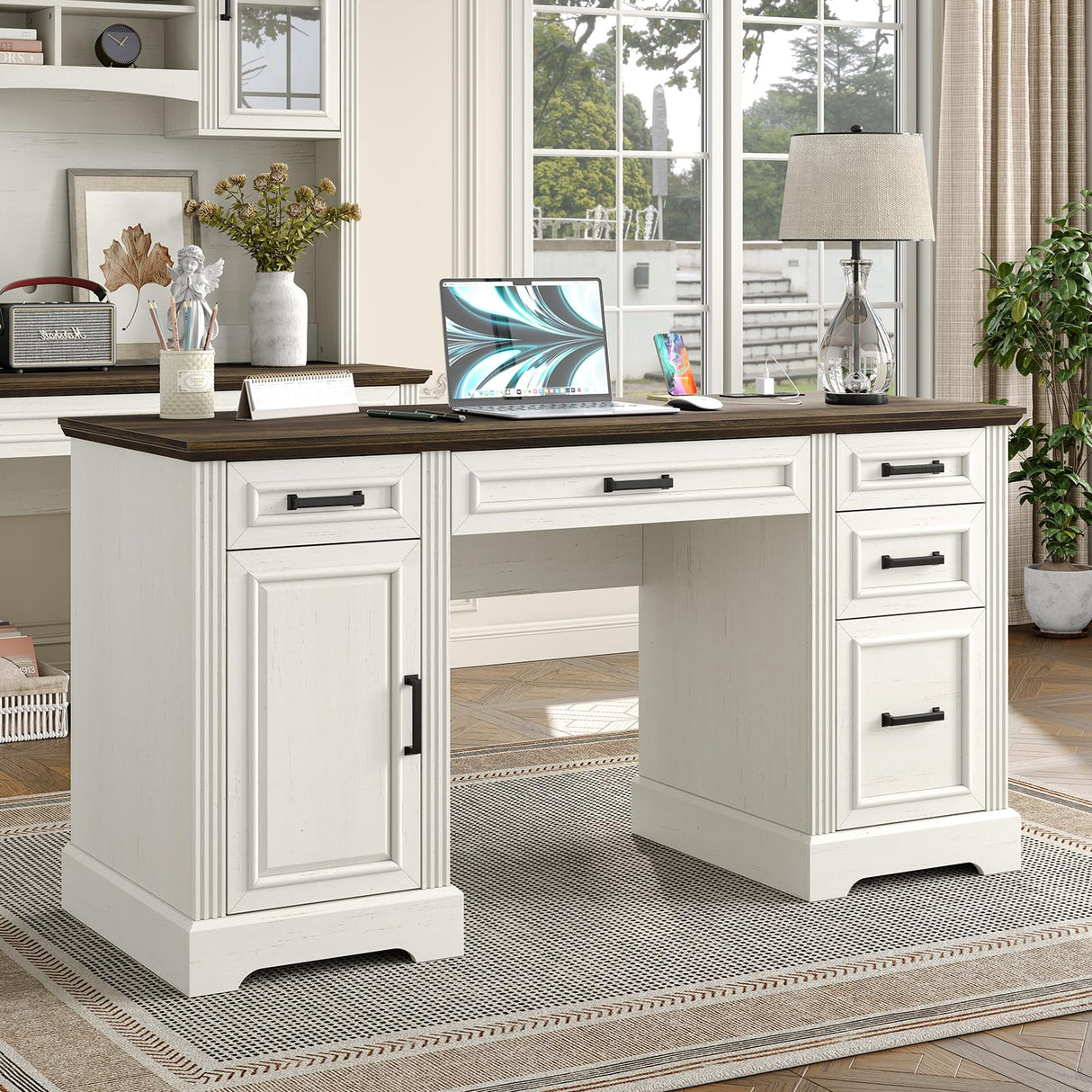 Furniouse 58" Executive Desk, Farmhouse Computer Desk with Drawers and Cabinet with Charging Station, Wooden Home Office Desk, Workspace for Work Study Writing, Brown Tabletop, Off White Furniouse