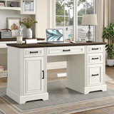 Furniouse 58" Executive Desk, Farmhouse Computer Desk with Drawers and Cabinet with Charging Station, Wooden Home Office Desk, Workspace for Work Study Writing, Brown Tabletop, Off White Furniouse