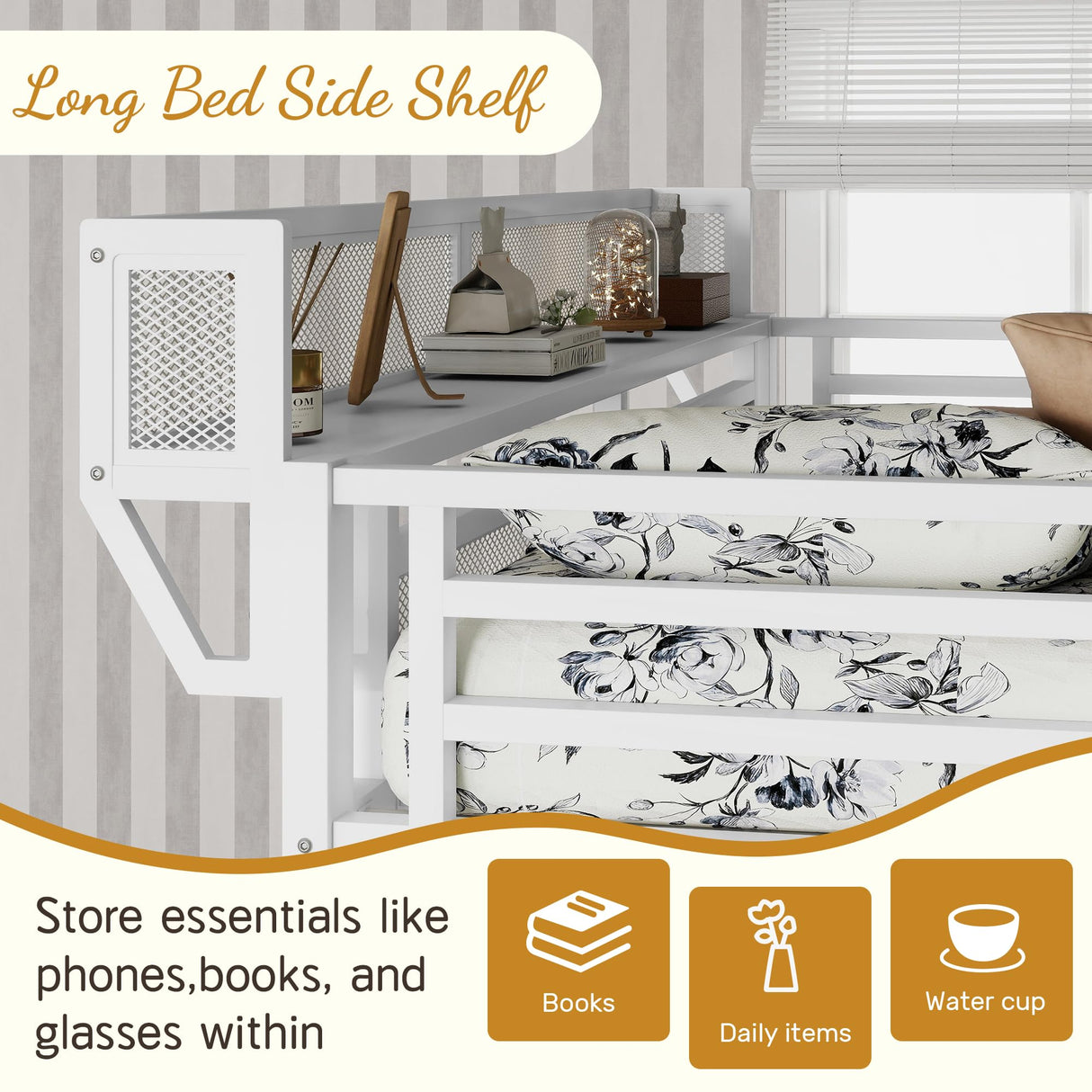 Full Loft Bed with Desk and RGB Light, Metal Loft Bed Frame with Stairs and Bedside Shelf, Heavy-Duty Lofts Beds with Storage Shelves and Wardrobe for Kids Teens, White Mirightone