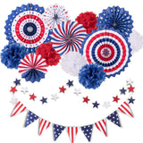 Whaline 4th of July Party Decorations Set, Patriotic USA Flag Pennant Bunting, Red White Blue Paper Fans, Star Garland Hanging Streamers, Tissue Pom Pom Flowers for Independence Day Decor, 14Pcs Whaline