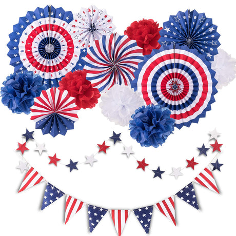 Whaline 4th of July Party Decorations Set, Patriotic USA Flag Pennant Bunting, Red White Blue Paper Fans, Star Garland Hanging Streamers, Tissue Pom Pom Flowers for Independence Day Decor, 14Pcs Whaline