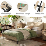 LINSY Wood Bed Frame, Queen Bed Frame with Headboard LED, Wooden Platform Frames with Charging Station, No Box Spring Needed, Easy Assembly, Natural Wood LINSY