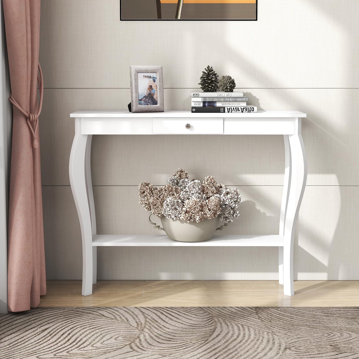 ChooChoo Narrow Console Table with Drawer, Chic Accent Sofa Table, Entryway Table, White - WoodArtSupply