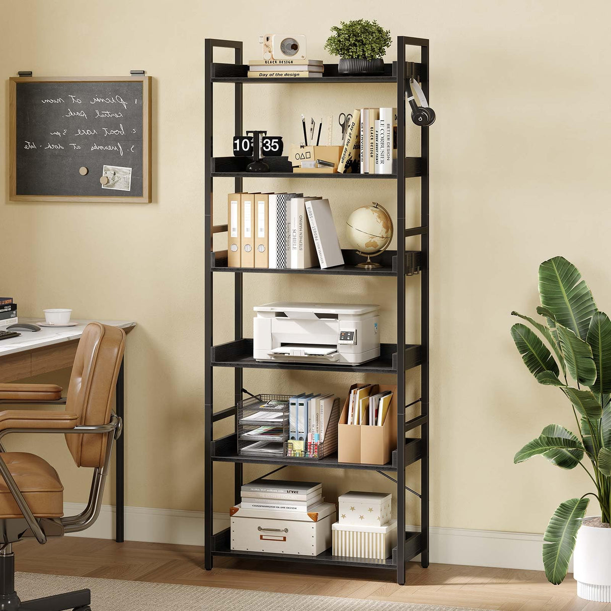 Rolanstar Bookshelf 6 Tier with 4 Hooks, Industrial Wood Bookcase, Vintage Storage Rack with Open Shelves, Rustic Standing Bookshelves Metal Frame Display Rack for Living Room, Bedroom, Black Rolanstar