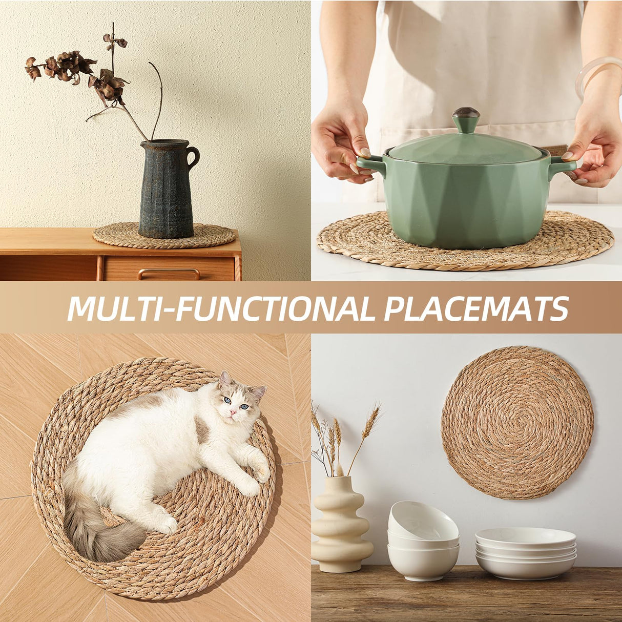 13.5'' Round Woven Placemats Set of 12, Boho Rattan Chargers for Dinner Plates, Rustic Wicker Place Mats, Straw Braided Table Placemats, for Dining Table, Thanksgiving, Fall, Farmhouse, and Christmas Terrekraft