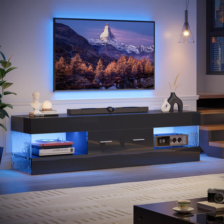 Bestier Black TV Stand for 55/60/65 Inch TV, High Gloss Modern TV Stand with Stone-Patterned Side Panels, LED Entertainment Center with Large Drawer, TV Consoles for Living Room, Bedroom Bestier