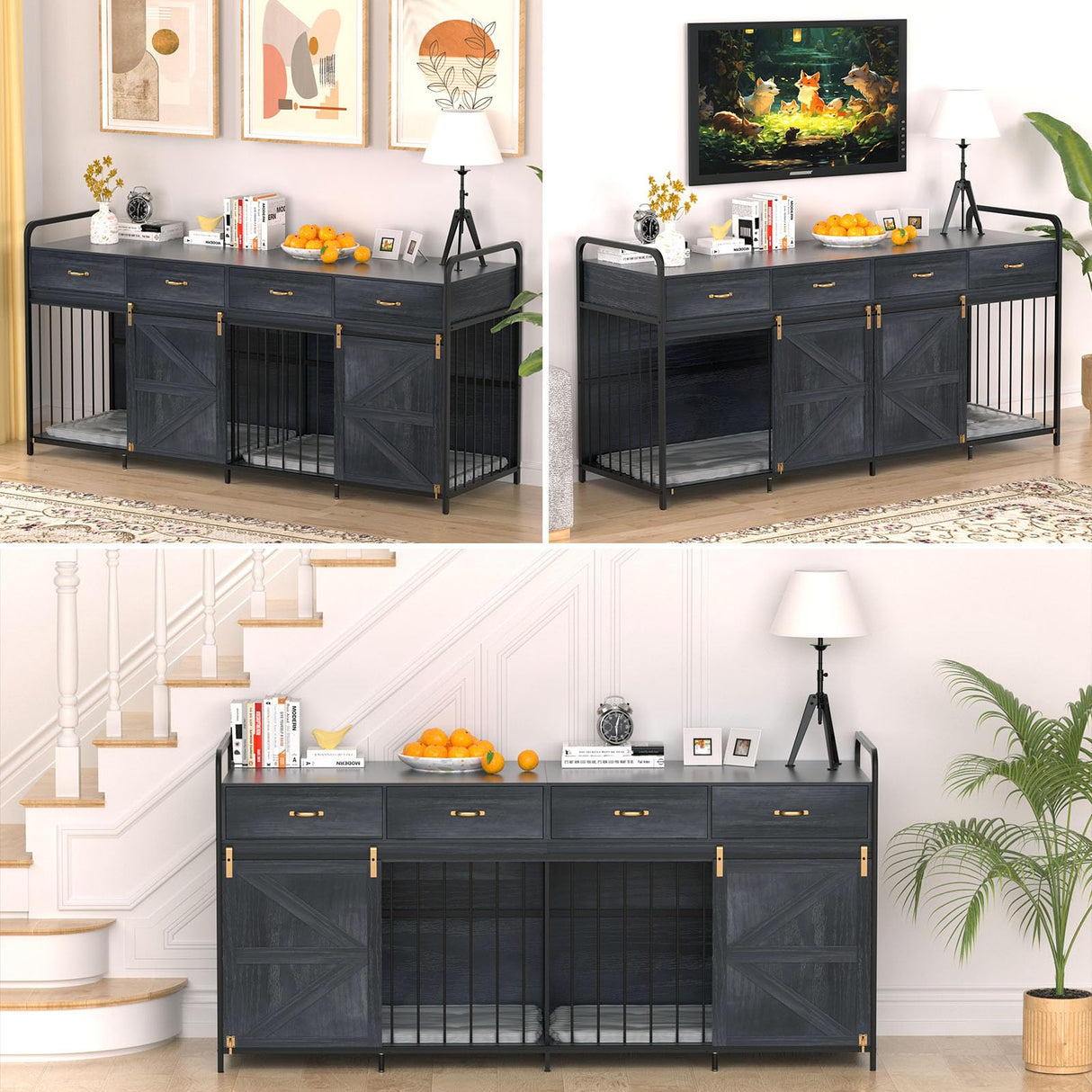 78.7 Inch Large Dog Crate Furniture for 2 Dogs Extra Large Dog Kennel Heavy Duty Wood Dog Crate Double Dog Crates Furniture TV Stand (Black) QJZLXKYT