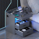Gurexl LED Nightstand with Gun Drawer, Modern Beside Table with Charging Station, Auto Sensor 3 Color Dimmable Night Stand with Open Compartment for Bedroom (Grey) Gurexl