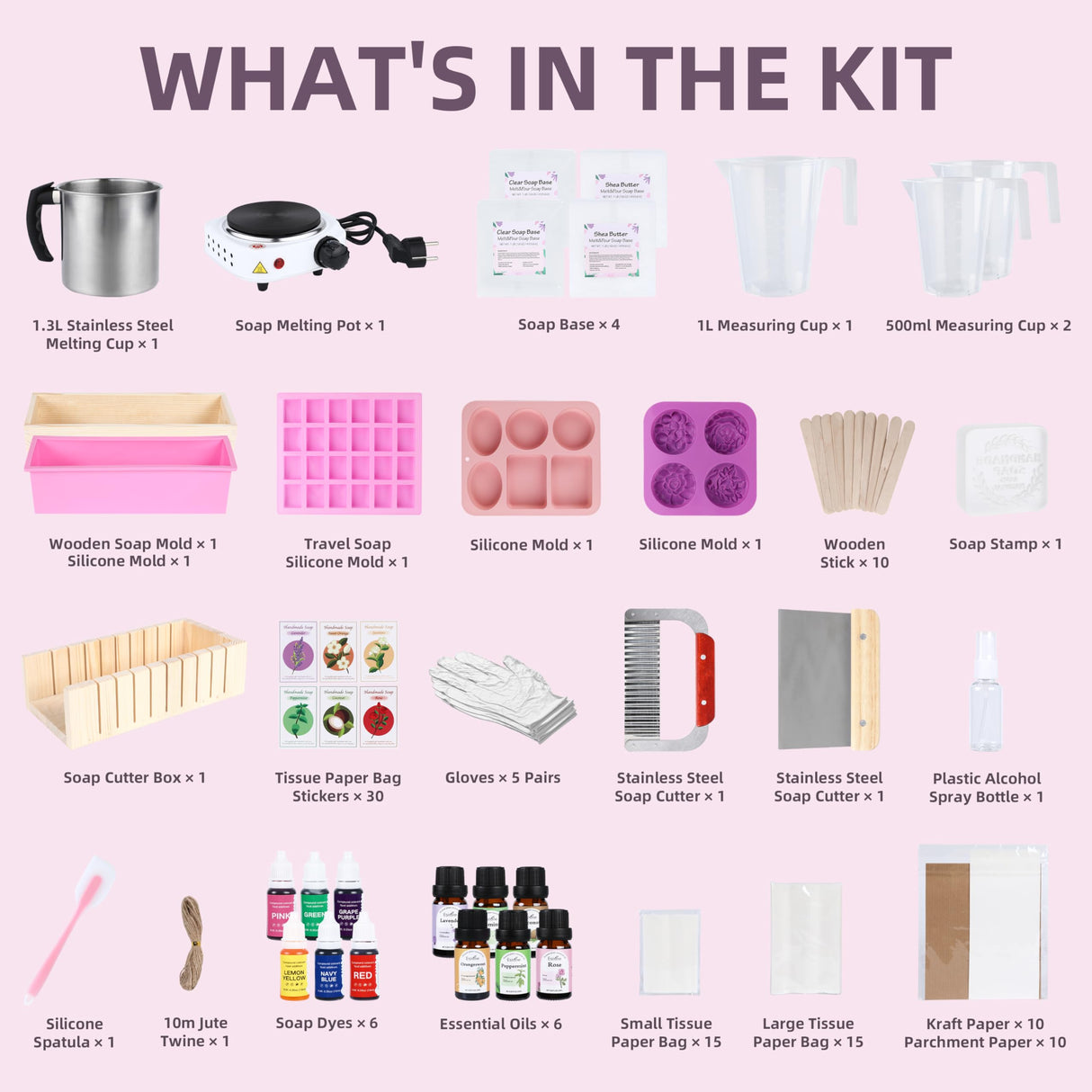 Yosamio Deluxe Soap Making Kit with Custom Stamp & Melter – 40+ PCS DIY Set for Adults & Kids – Includes Shea Butter & Clear Bases, Essential Oils, Molds, Dyes, Tools & Pot – Great Gift for Beginners Yosamio