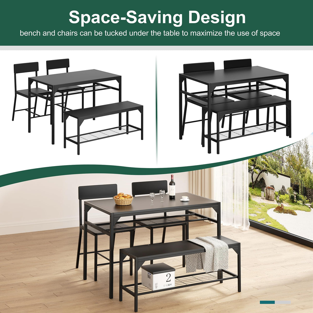 Shintenchi Kitchen Table Chairs Set of 4, Dining Table Set for 4 with Bench and Chairs, 4 Pieces Kitchen Table Set with Storage Rack & Metal Frame for Small Space, Black Shintenchi