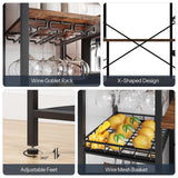 HOOBRO Bakers Rack with Power Outlet, 35.8 Inches Kitchen Microwave Oven Stand Storage Shelf with Goblet Holder, Coffee Bar with LED Lights, and Wire Basket, Rustic Brown and Black BF90UDHB01 HOOBRO