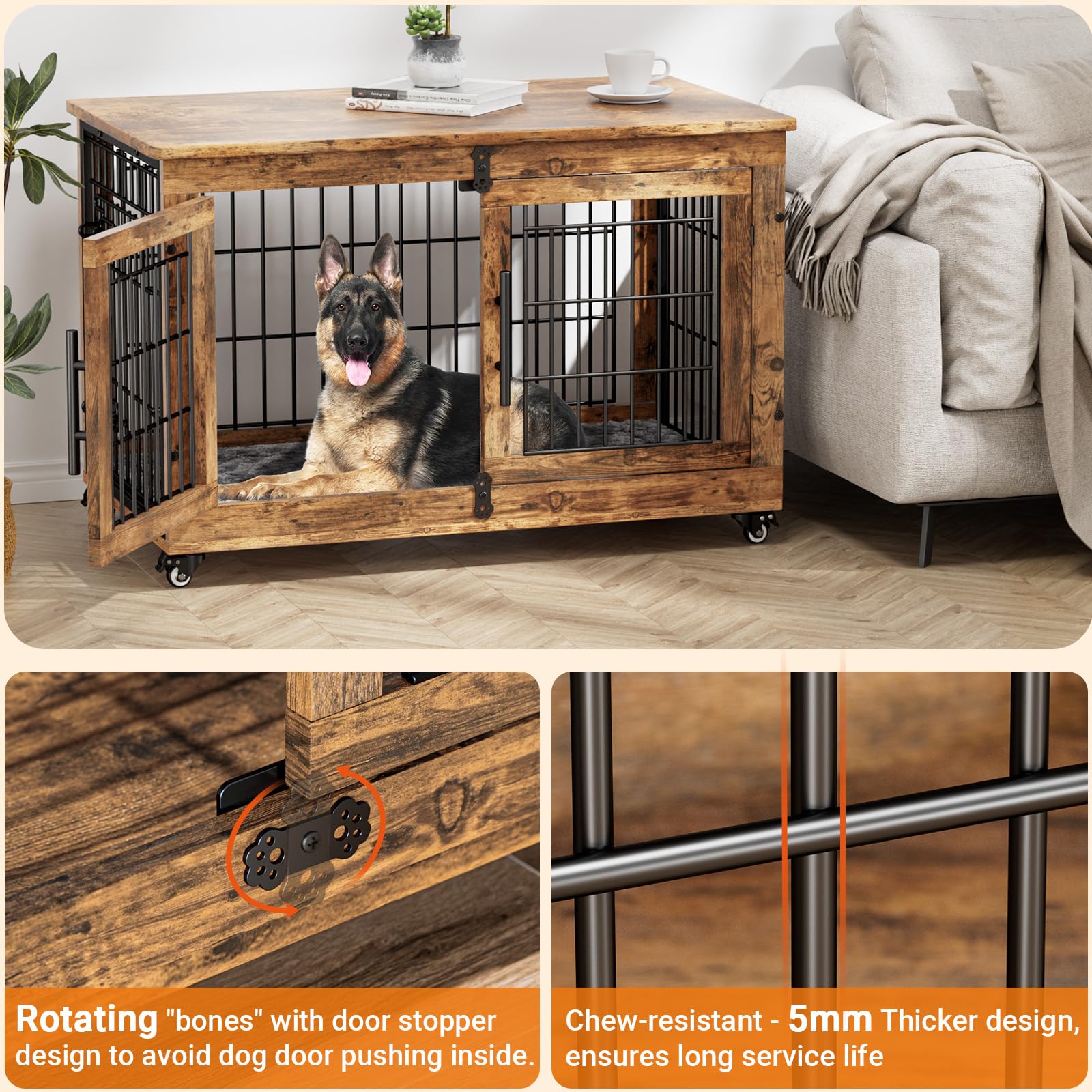 Lulive Dog Crate Furniture, Dog Kennel Indoor Double Doors Wooden Dog Cage, 38'' Heavy Duty Dog Crate with Cushion & Wheels, Decorative End Table Pet House Chew-Resistant for Large/Medium Dog - WoodArtSupply