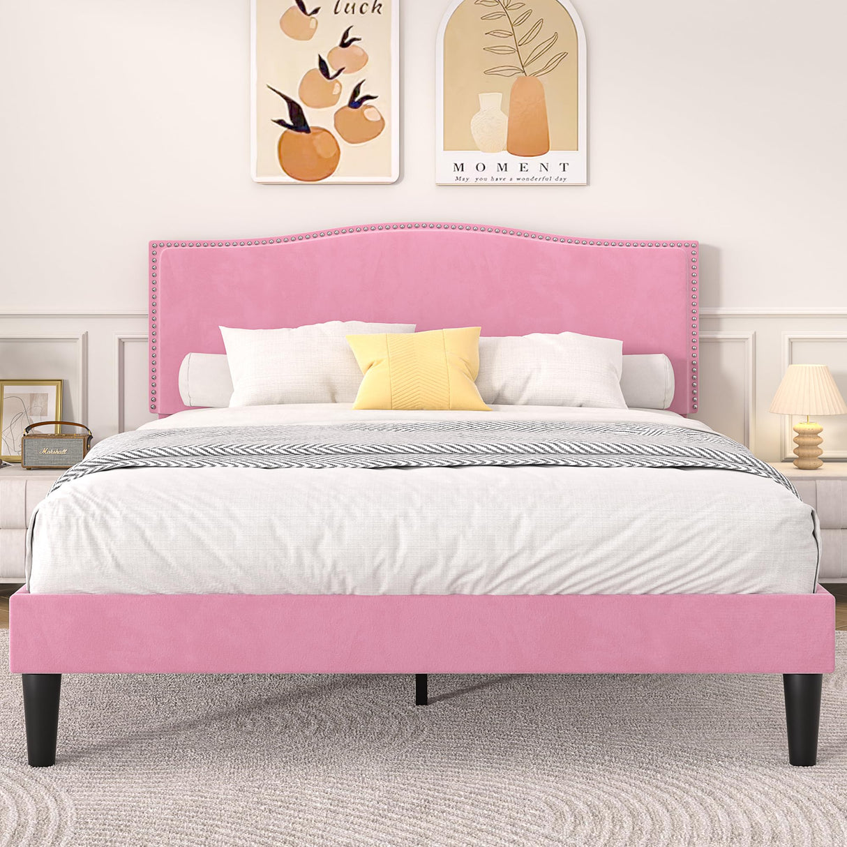 VECELO Full Bed Frame Platform Bed Frame with Upholstered Headboard, Strong Frame and Wooden Slats Support, Strong Weight Capacity, Non-Slip and Noise-Free, Easy Assembly VECELO