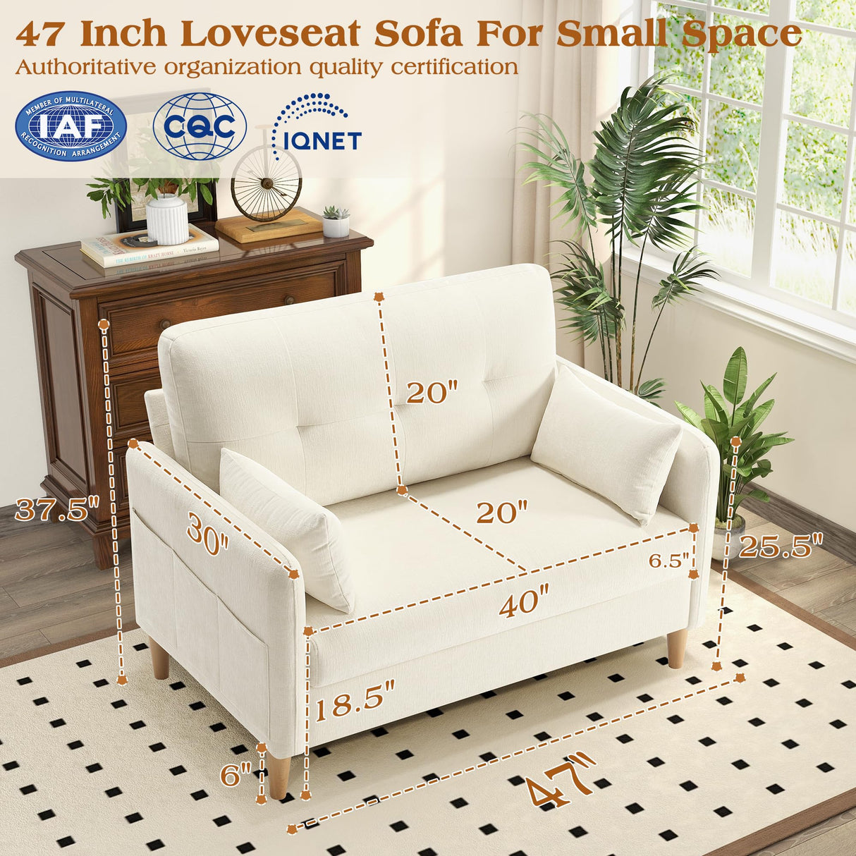 Hanherry Loveseat Sofa, 47” Small Couch for Living Room, Comfy Chenille Fabric Love Seat for Bedroom withThrow Pillow,Removable Cushion Cover,Couches for Small Space,Apartment,Dorm Hanherry