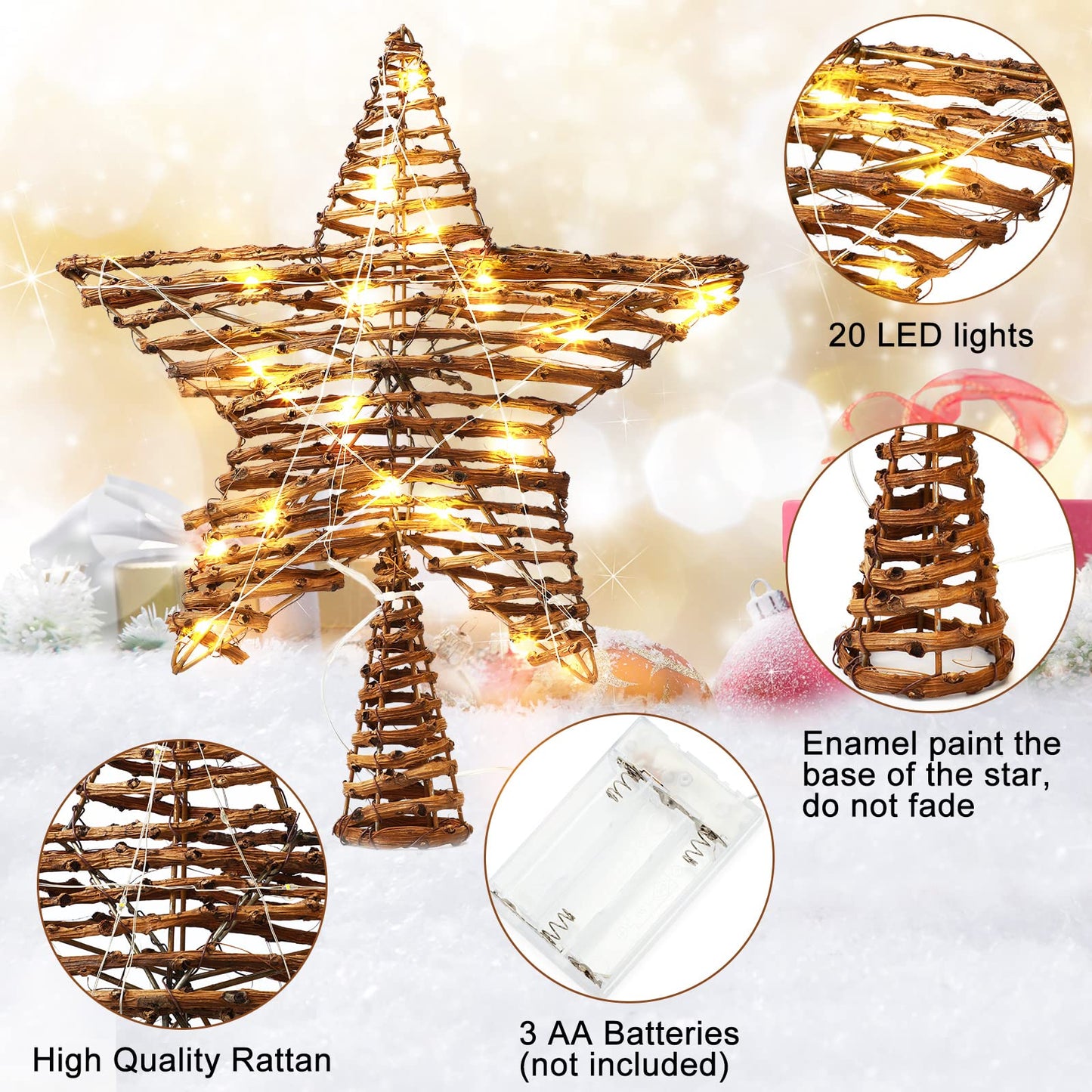 Christmas Rattan Star Treetop,14 Inch Rattan Natural Burlap Star Tree Topper with 20 Warm Lights Rustic Boho Treetop Decoration Xmas Star Treetop for Christmas Tree Ornament Holiday Party Indoor Home