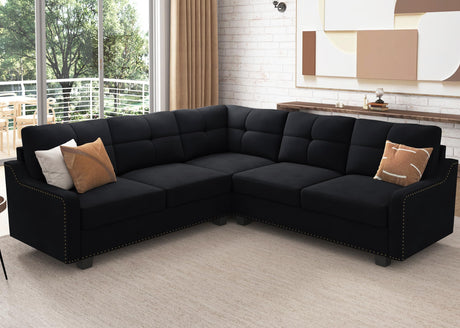 HONBAY Convertible Sectional Sofa L Shaped Couch for Small Apartment Reversible Sectional Couch for Living Room,Velvet Black HONBAY