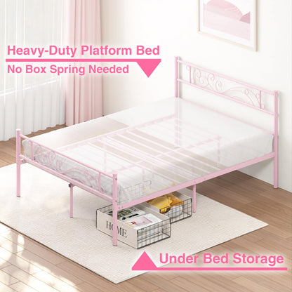 Weehom Full Size Bed Frames with Headboard, Heavy Duty Metal Platform Bed Strong Metal Slats Support,Easy Assembly Pink