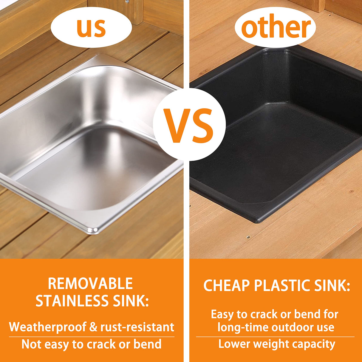 MUPATER Potting Bench Garden Table for Outdoors with Removable Stainless Sink, Planting Work Bench with Storage Shelves and Drawer, Natural Wood MUPATER