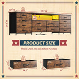 63" Long Dresser for Bedroom with 12 Fabric Drawers Entertainment Center with LED Lights & Power Outlets TV Stand for 70 Inch TV, Organizer for Bedroom, Rustic Brown Romorgniz