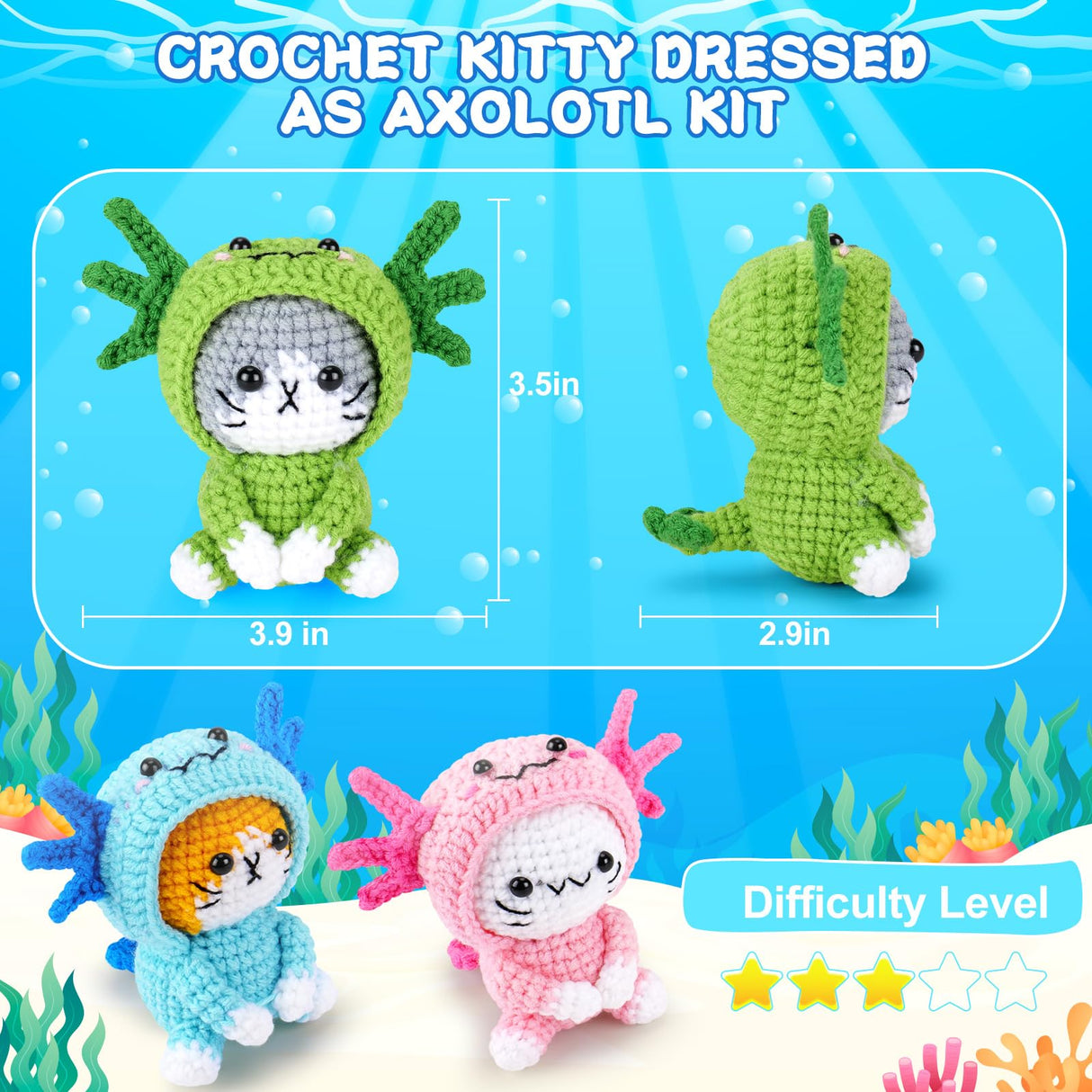 Crochet Kit for Beginners - 3 PCS Axolotl Cat Crochet Kits with Step-by-Step Video Tutorials, Beginner Crochet Kit for Adults, Crochet Cat Dressed as Axolotl Set (Blue & Green & Pink) Fortuning's JDS
