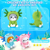 Crochet Kit for Beginners - 3 PCS Axolotl Cat Crochet Kits with Step-by-Step Video Tutorials, Beginner Crochet Kit for Adults, Crochet Cat Dressed as Axolotl Set (Blue & Green & Pink) Fortuning's JDS
