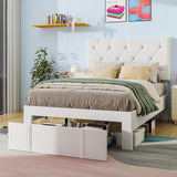 VECELO Twin Size Bed Frame with Storage Drawers, Leather Upholstered with Diamond Tufted Headboard, Solid Wood Slat Support, No Box Spring Needed, White VECELO