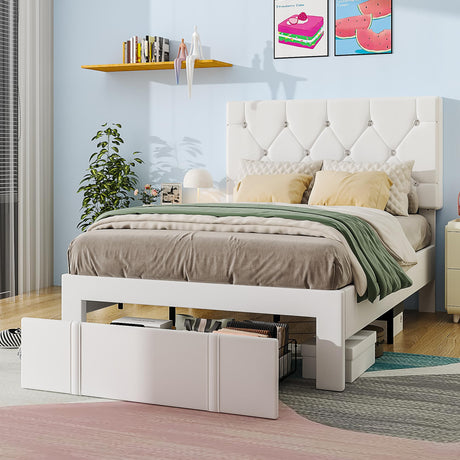 VECELO Twin Size Bed Frame with Storage Drawers, Leather Upholstered with Diamond Tufted Headboard, Solid Wood Slat Support, No Box Spring Needed, White VECELO