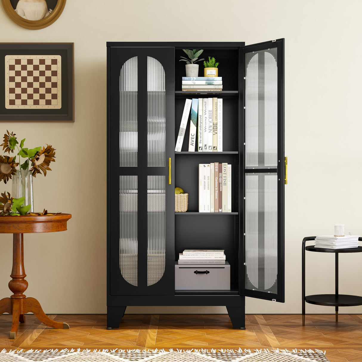 pozdeg Metal Storage Cabinet, Kitchen Pantry Cabinet with 2 Cross Door Panels and 3 Adjustable Shelves, Versatile Storage Pantry for Living Room Office Laundry Dining Room or Outdoor (Black) pozdeg