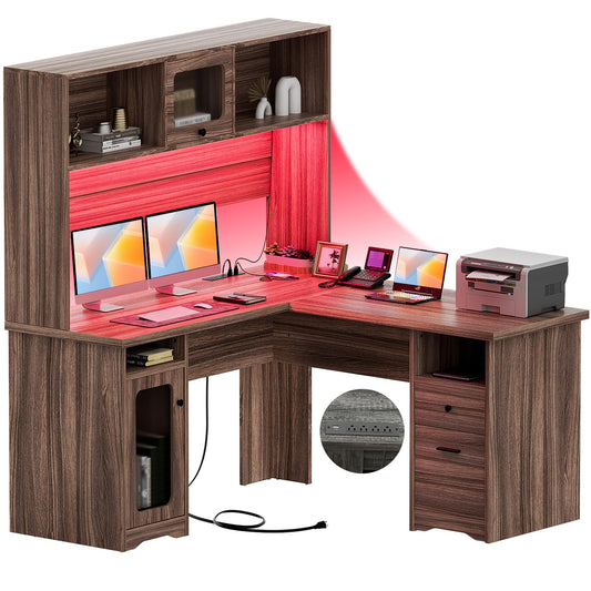 Unikito L Shaped Desk with Drawers, 60 Inch Office Desk with Power Outlet and LED Lights, Sturdy Corner Computer Desk with Hutch and File Cabinets, 2 Person Home Office Gaming Table, Rustic O - WoodArtSupply