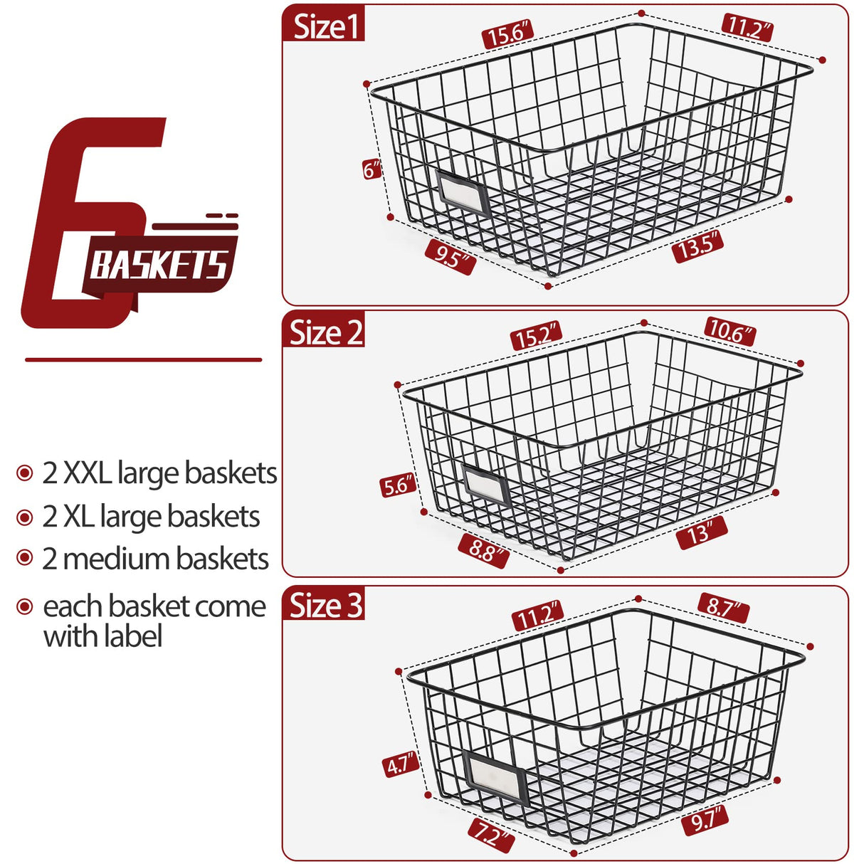 6 Pack Wire Baskets for Pantry Organization and Storage, Kitchen Organizer, 2 XXLarge & 2 XLarge & 2 Large VITEVER