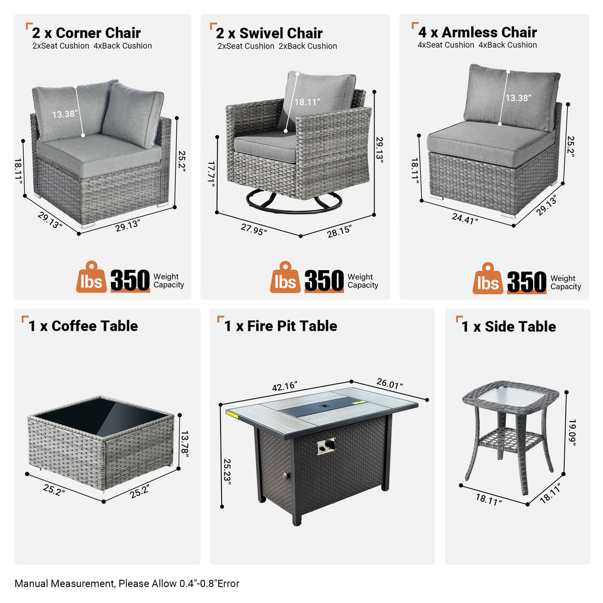 ovios 11 Piece Outdoor Patio Furniture Set with Fire Pit Table,Conversation Sectional Wicker Couch with Swivel Chairs,Modern Outside Sofa for Balcony Backyard, Dark Grey ovios