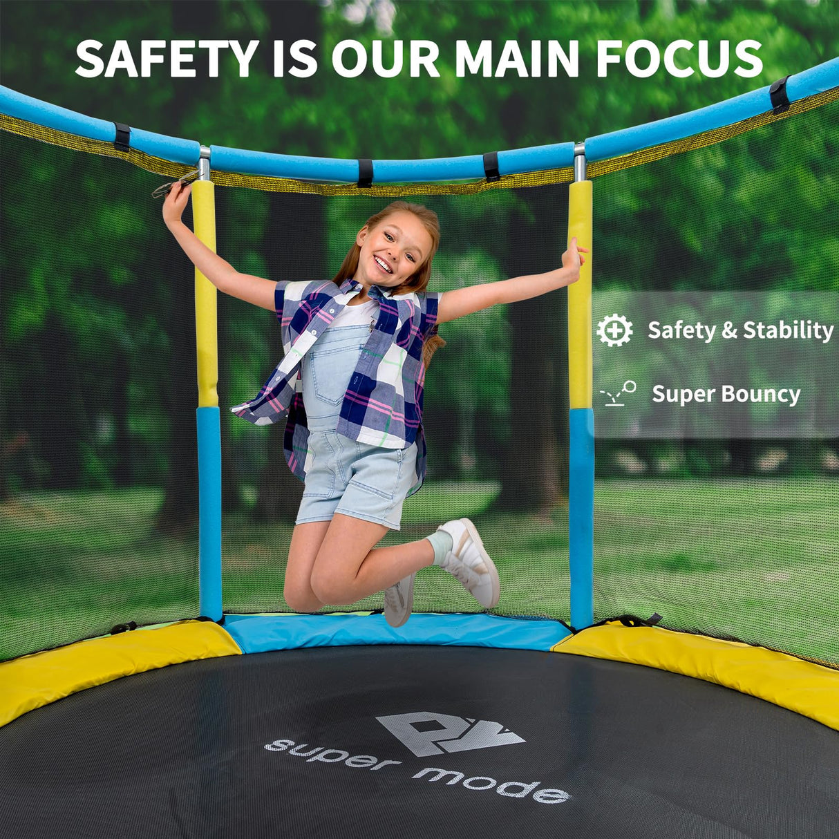 Trampoline for Kids, 5FT Adjustable for Toddler, Indoor/Outdoor Baby Trampoline with Enclosure Net, No-Gap Safe Design, Gifts for Boys & Girls (Yellow&Blue) PY SUPER MODE