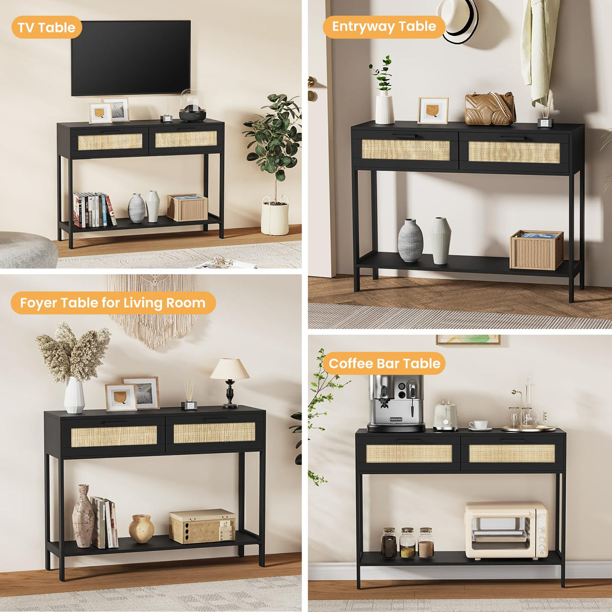 Derfullo Rattan Console Table - Boho Rattan Entryway Table with 2 Storage, Wood Small Console Tables for Entryway, Entry Table for Hallway, Sofa Table Derfullo