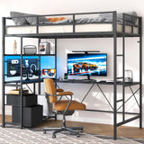 Yoobure Loft Bed Twin Size with L-Shaped Desk, LED Lights Charging Station LED Metal Twin Loft Bed Frame with 2 Storage Drawers, Safety Guard & Ladder for Kid Junior Adult, Heavy Duty, Space-Saving Yoobure