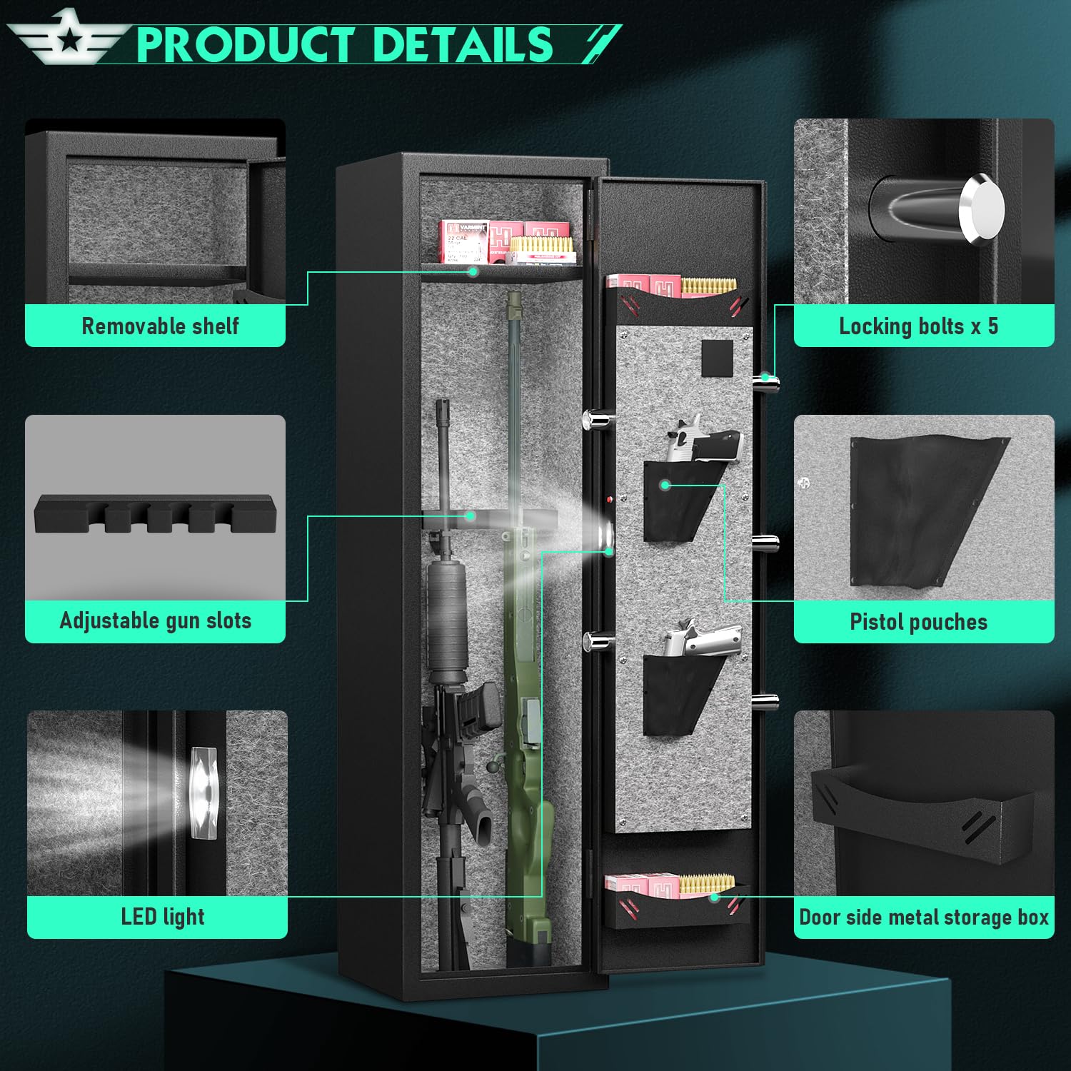 RIFLEWELL 2 Rifle Gun Safe, Digital Gun Safe for Home Rifle and Shotguns, Quick Access Gun Cabinets with LED Light, Rifle Safe with Adjustable Gun Rack and Removable Shelf - WoodArtSupply