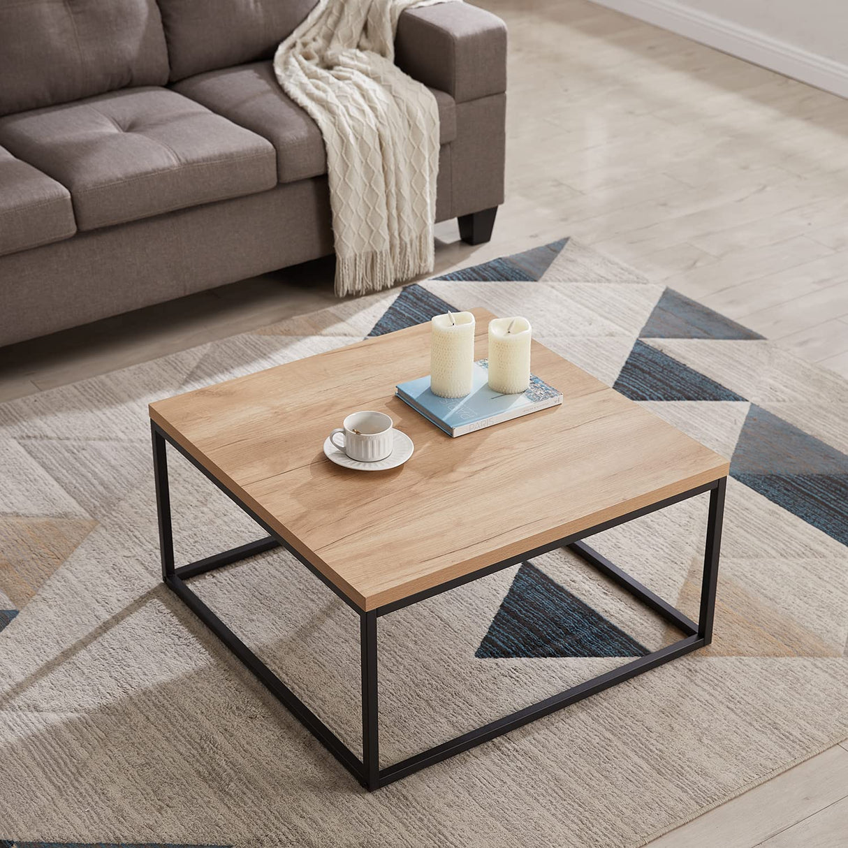 CENSI 30" Square Coffee Table, Natural Oak Light Wood Center Table for Living Room, Modern Industrial Farmhouse Cocktail Table, Extra Thick 1.2" Top with Sturdy Metal Frame, Scandi Style CENSI