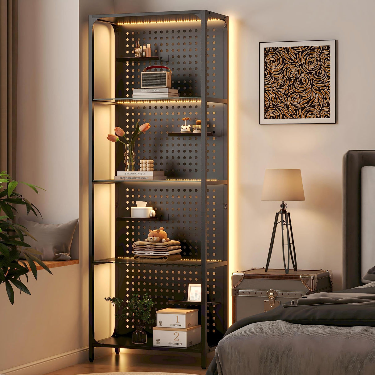 Saudism Glass Display Shelf for Collectibles, LED Black Shelf, Curio Cabinet, Lighted Tall Narrow Shelf with Pegboard Steel Frame for Gaming Room, Floor Lamp with Shelf, Living Room, Bedroom, Large Saudism