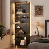 Saudism Glass Display Shelf for Collectibles, LED Black Shelf, Curio Cabinet, Lighted Tall Narrow Shelf with Pegboard Steel Frame for Gaming Room, Floor Lamp with Shelf, Living Room, Bedroom, Large Saudism