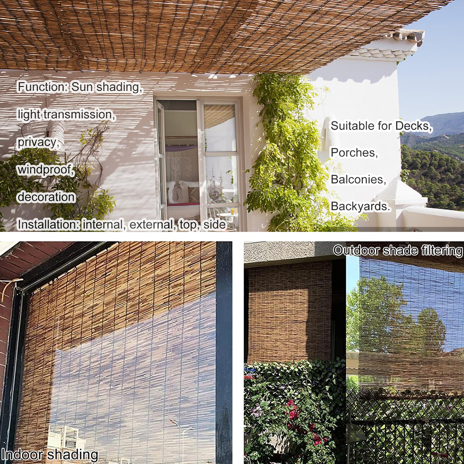 HIAPES Customisable Bamboo Blinds for Outdoor Spaces - Carbonised Brown Sun Protection Shades - WoodArtSupply