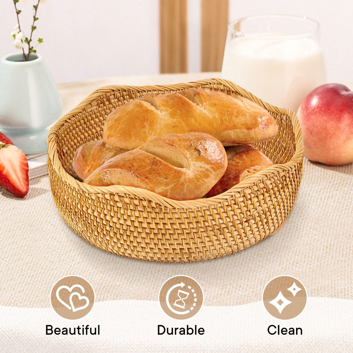 3 Pack Natural Rattan Round Fruit Basket Bowls,Rattan Bread Basket,Woven Serving Basket Bowls,Organizing Handmade Rattan Storage Baskets for Kitchen, Home, set of 3 Size JINSHIYANG