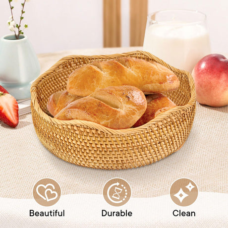 3 Pack Natural Rattan Round Fruit Basket Bowls,Rattan Bread Basket,Woven Serving Basket Bowls,Organizing Handmade Rattan Storage Baskets for Kitchen, Home, set of 3 Size JINSHIYANG