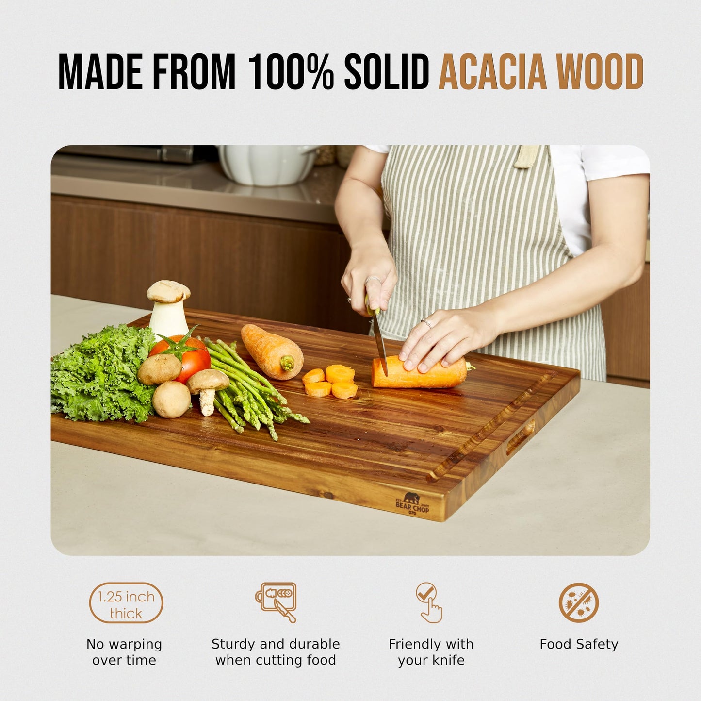 Bearchop Acacia Wood Cutting Boards for Kitchen, [20" x 15" x 1.25"] Large Edge Grain Cutting Boards, Solid Wood Butcher Block Cutting Board with Juice Grooves and Handle,Knife Friendly and Reversible