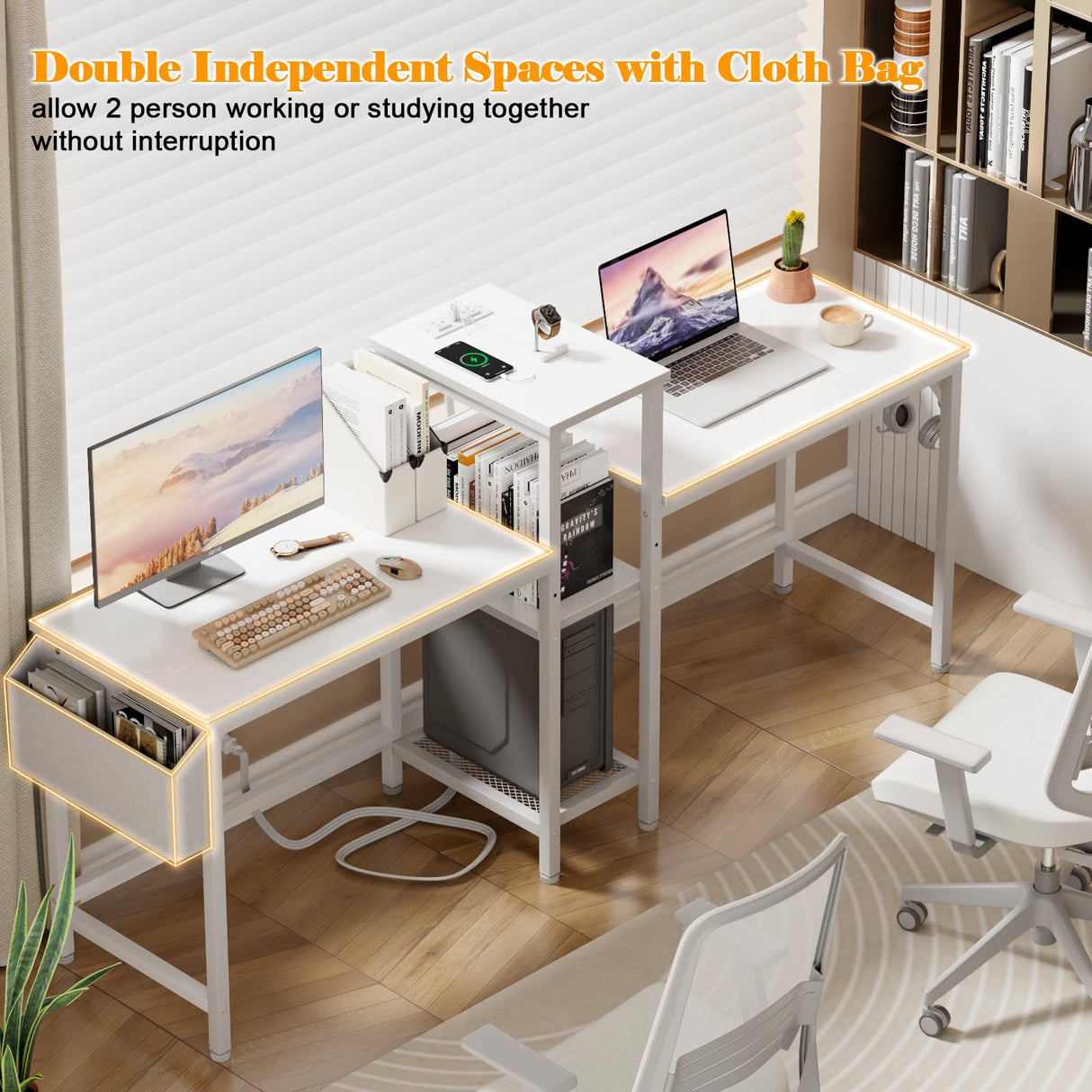 Furologee Double Desk with Power Outlets, 71 Inch Computer Desk with Storage Bag and Headphone Hooks, Gaming Desk Study Writing Table for Home Office, White Furologee