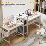 Furologee Double Desk with Power Outlets, 71 Inch Computer Desk with Storage Bag and Headphone Hooks, Gaming Desk Study Writing Table for Home Office, White Furologee