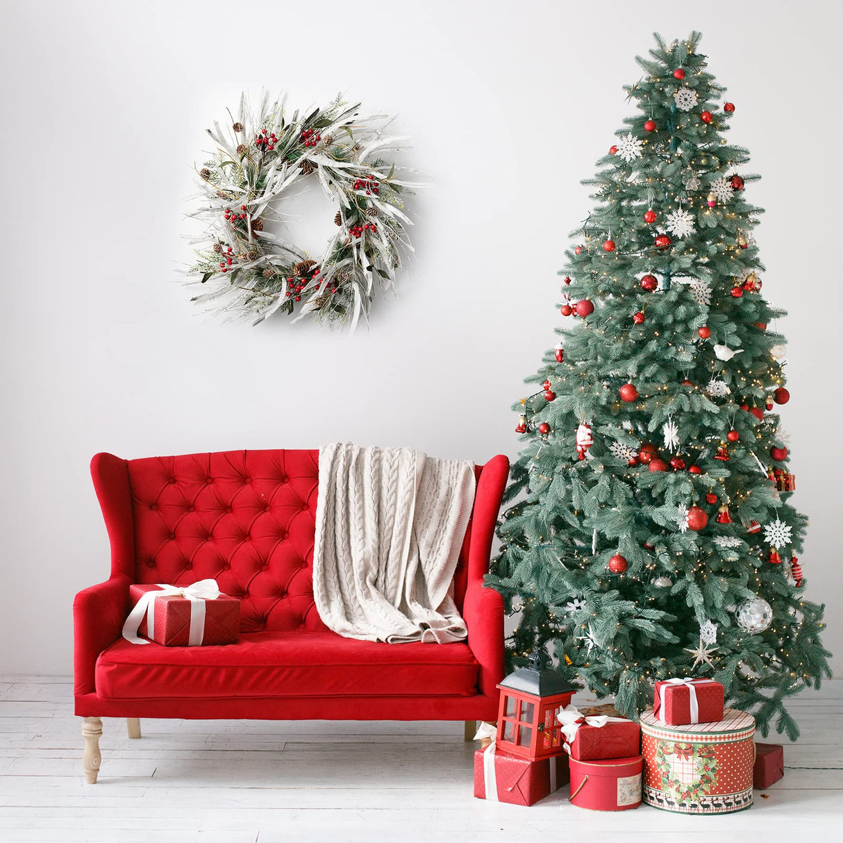 LOHASBEE Artificial Christmas Wreath, 24" Snow Flocked Pine Cone Grapevine Frosted Wreath with Red Berries Eucalyptus for Front Door Winter Christmas Home Hanging Wall Window Party Decor LOHASBEE