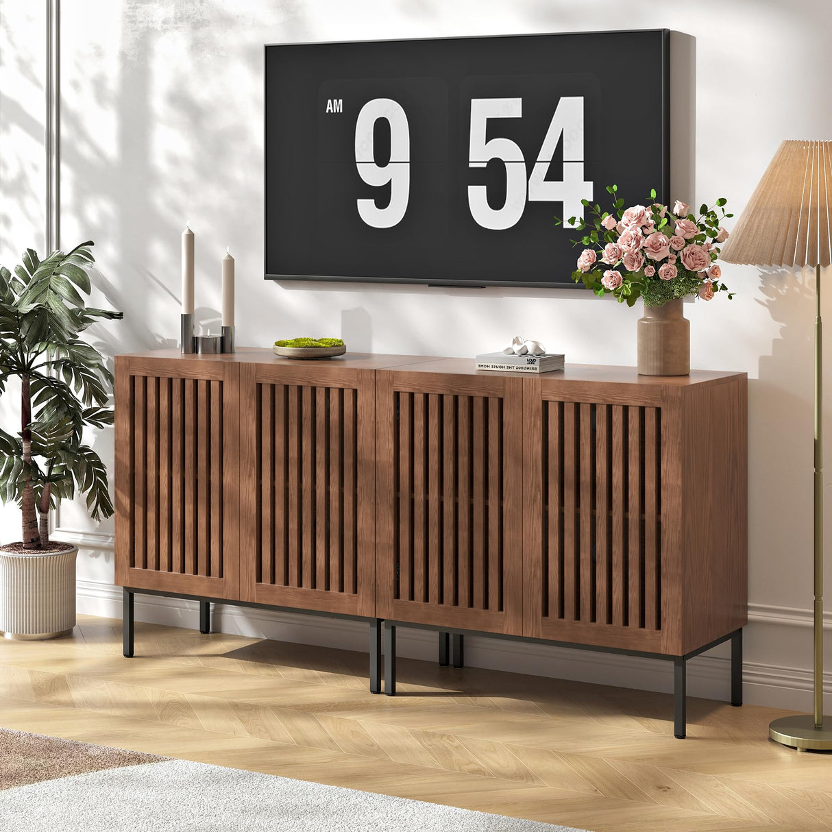 RIBECH 63" Farmhouse Storage Cabinet, Kitchen Sideboard with Metal Base & Adjustable Shelves, Ideal for Living Room, Dining Room, Brown RIBECH